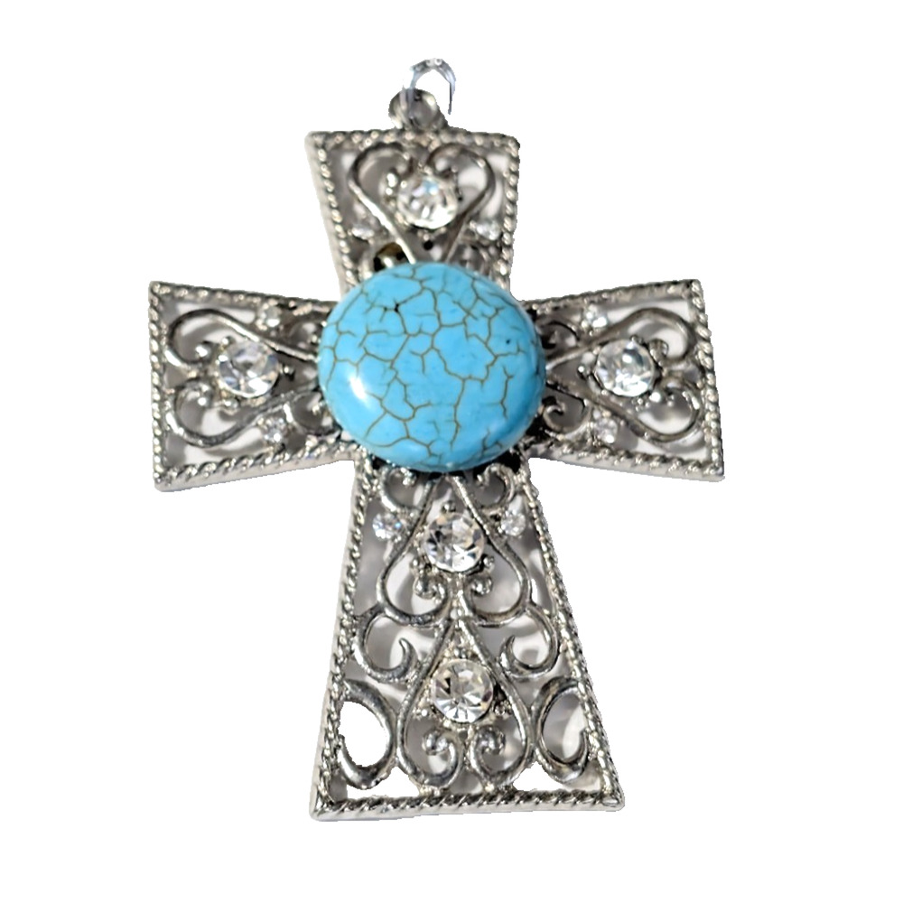 Large Faux Turquoise Cabochon Rhinestone Silver‎ Tone Cross Pendant 3.25" P-TN2